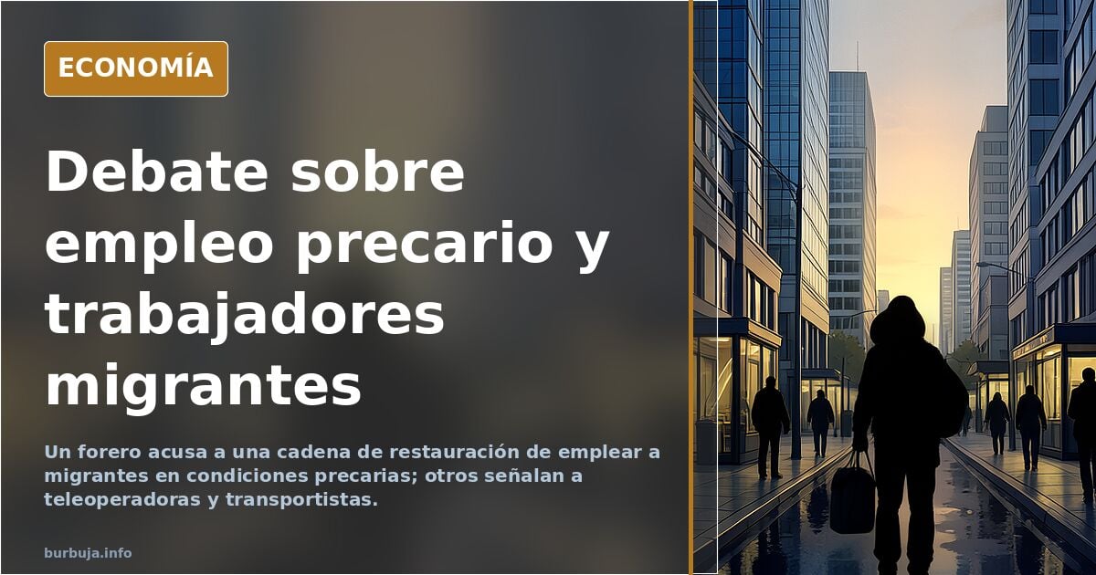 Ilustración editorial sobre un debate en foro acerca de empresas señaladas por empleo precario a migrantes