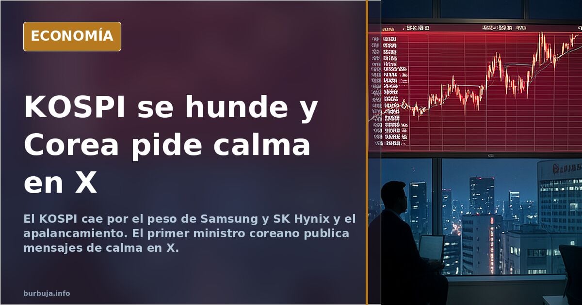 Gráfico de la caída del índice KOSPI con fondo de pantalla mostrando mensajes de calma en redes sociales