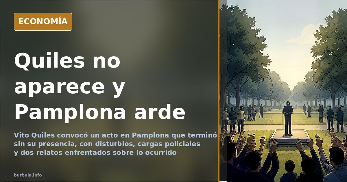 Ilustración editorial de una plaza pública dividida con grupos enfrentados y presencia policial durante el acto de Vito Quile