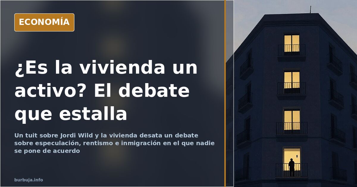 Ilustración editorial de un edificio de viviendas con flechas de precios al alza y una figura pensativa observando el mercado