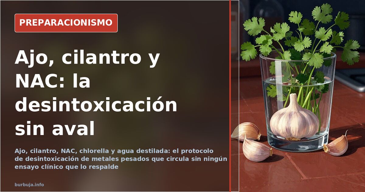 Ajos crudos, hojas de cilantro y un vaso de agua sobre una mesa de madera, ingredientes del protocolo de desintoxicación con 