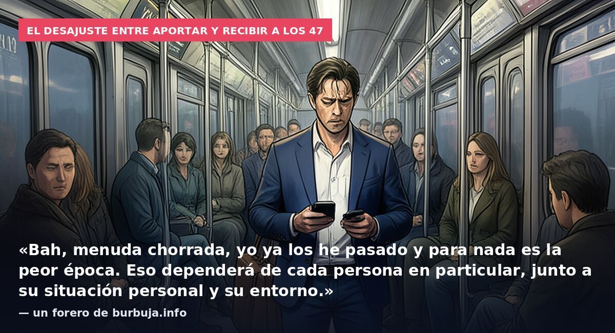 El desajuste entre aportar y recibir a los 47: «Bah, menuda chorrada, yo ya los he pasado y para nada es la peor época. Eso dependerá de cada persona en particular, junto a su situación personal y su entorno.» — un forero de burbuja.info