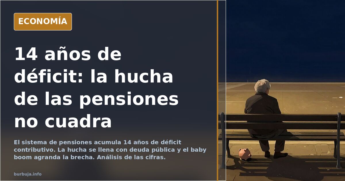 Ilustración editorial de una hucha de pensiones sobre un gráfico de déficit contributivo en azul marino y dorado