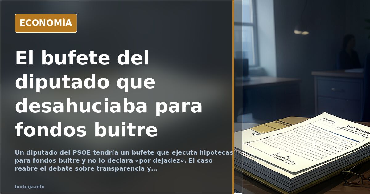 Ilustración editorial de un bufete de abogados ejecutando hipotecas para fondos buitre con un diputado omitiendo su declaraci