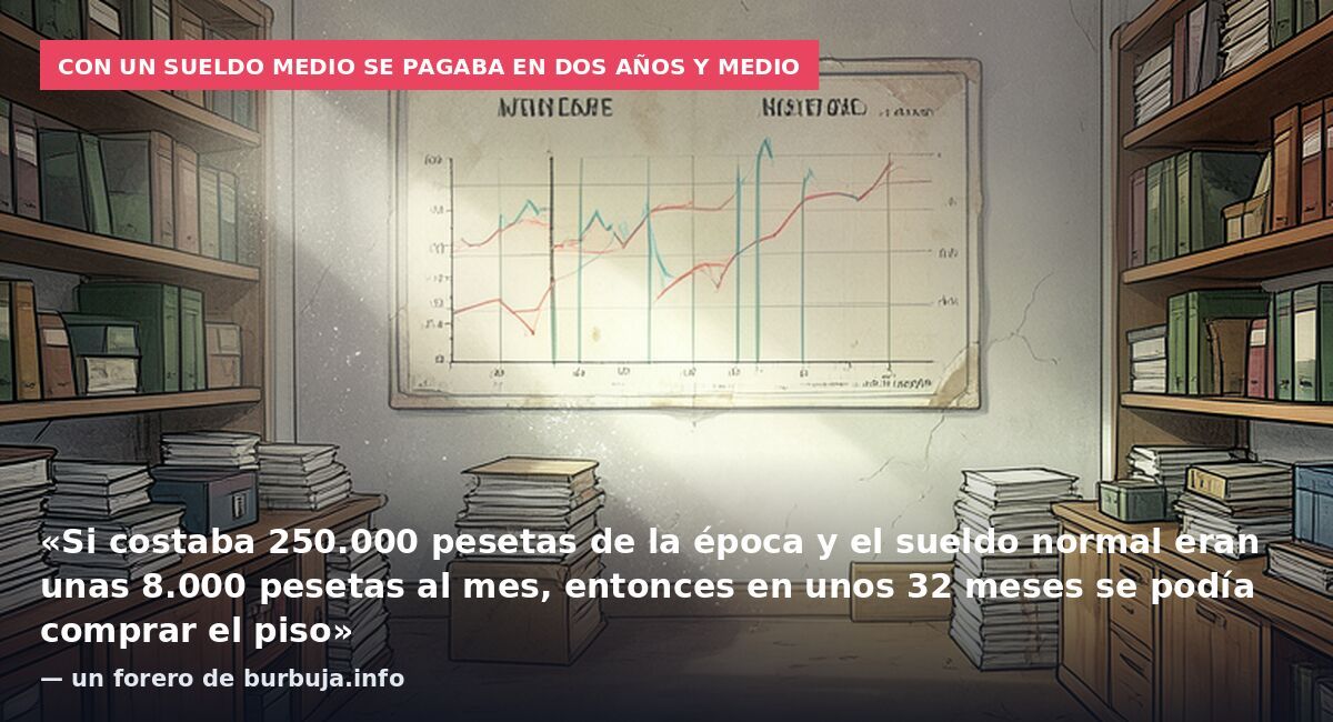 Con un sueldo medio se pagaba en dos años y medio: «Si costaba 250.000 pesetas de la época y el sueldo normal eran unas 8.000 pesetas al mes, entonces en unos 32 meses se podía comprar el piso» — un forero de burbuja.info