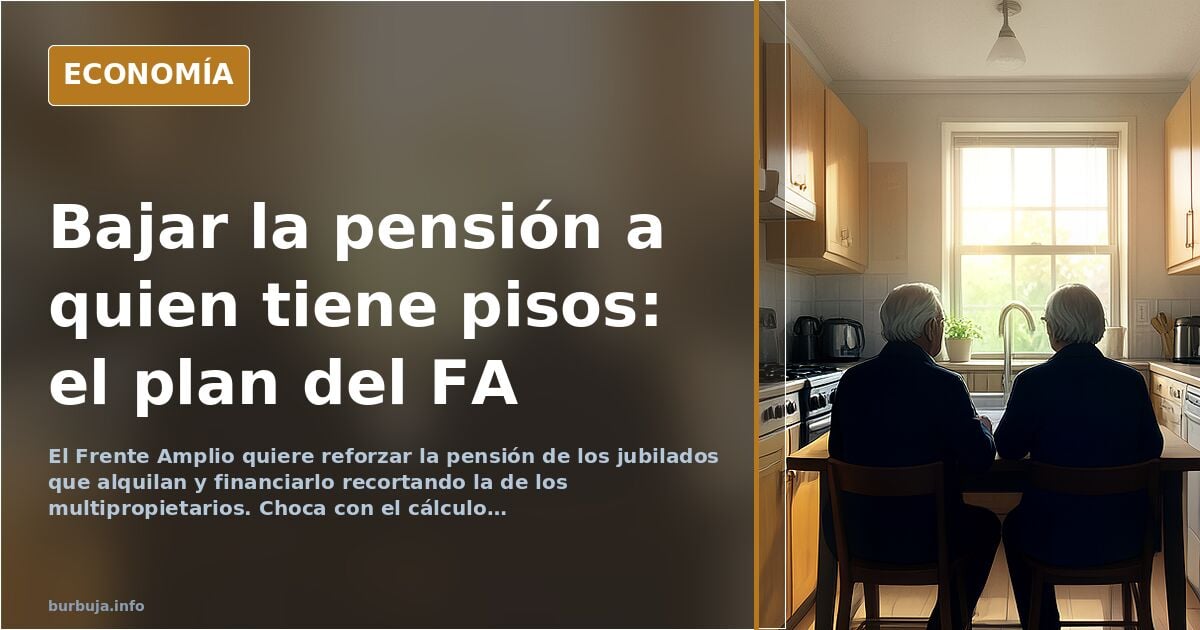 Ilustración editorial de un edificio de viviendas junto a una hucha y una nómina de pensión en tonos azul marino y dorado