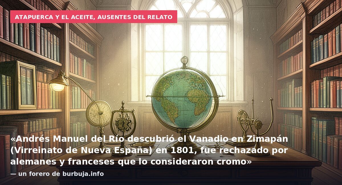 Atapuerca y el aceite, ausentes del relato: «Andrés Manuel del Río descubrió el Vanadio en Zimapán (Virreinato de Nueva España) en 1801, fue rechazado por alemanes y franceses que lo consideraron cromo» — un forero de burbuja.info