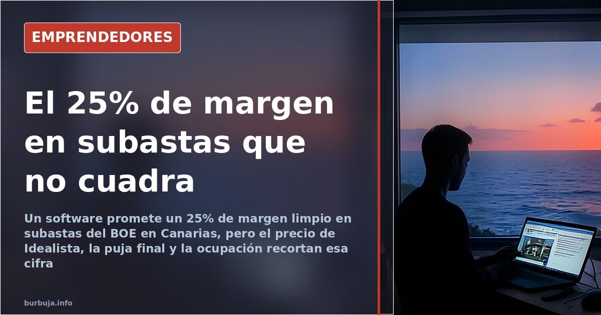 Edificio de viviendas en Las Palmas con cartel de subasta judicial y documentos del BOE sobre la mesa