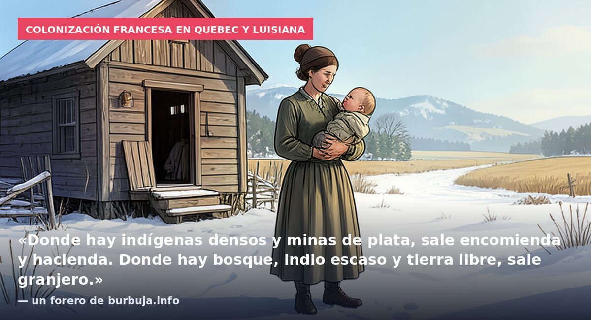 Colonización francesa en Quebec y Luisiana: «Donde hay indígenas densos y minas de plata, sale encomienda y hacienda. Donde hay bosque, indio escaso y tierra libre, sale granjero.» — un forero de burbuja.info