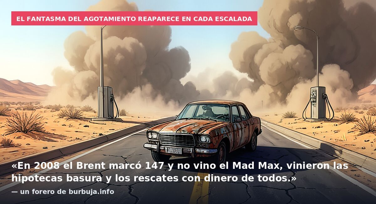 El fantasma del agotamiento reaparece en cada escalada: «En 2008 el Brent marcó 147 y no vino el Mad Max, vinieron las hipotecas basura y los rescates con dinero de todos.» — un forero de burbuja.info