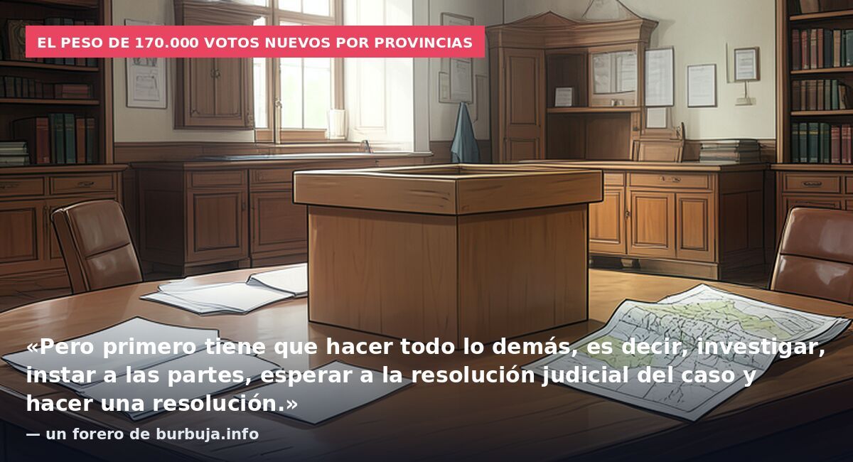 El peso de 170.000 votos nuevos por provincias: «Pero primero tiene que hacer todo lo demás, es decir, investigar, instar a las partes, esperar a la resolución judicial del caso y hacer una resolución.» — un forero de burbuja.info