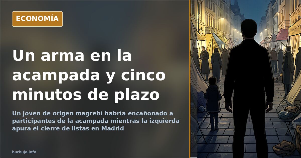Tiendas de campaña de una acampada urbana junto a papeletas y listas electorales apiladas sobre una mesa