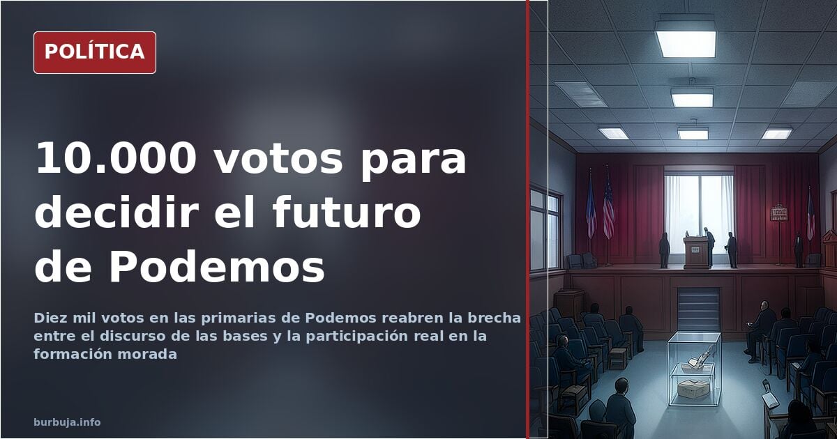 Ilustración editorial de una urna de primarias con papeletas escasas y un podio vacío en tonos rojos y azules