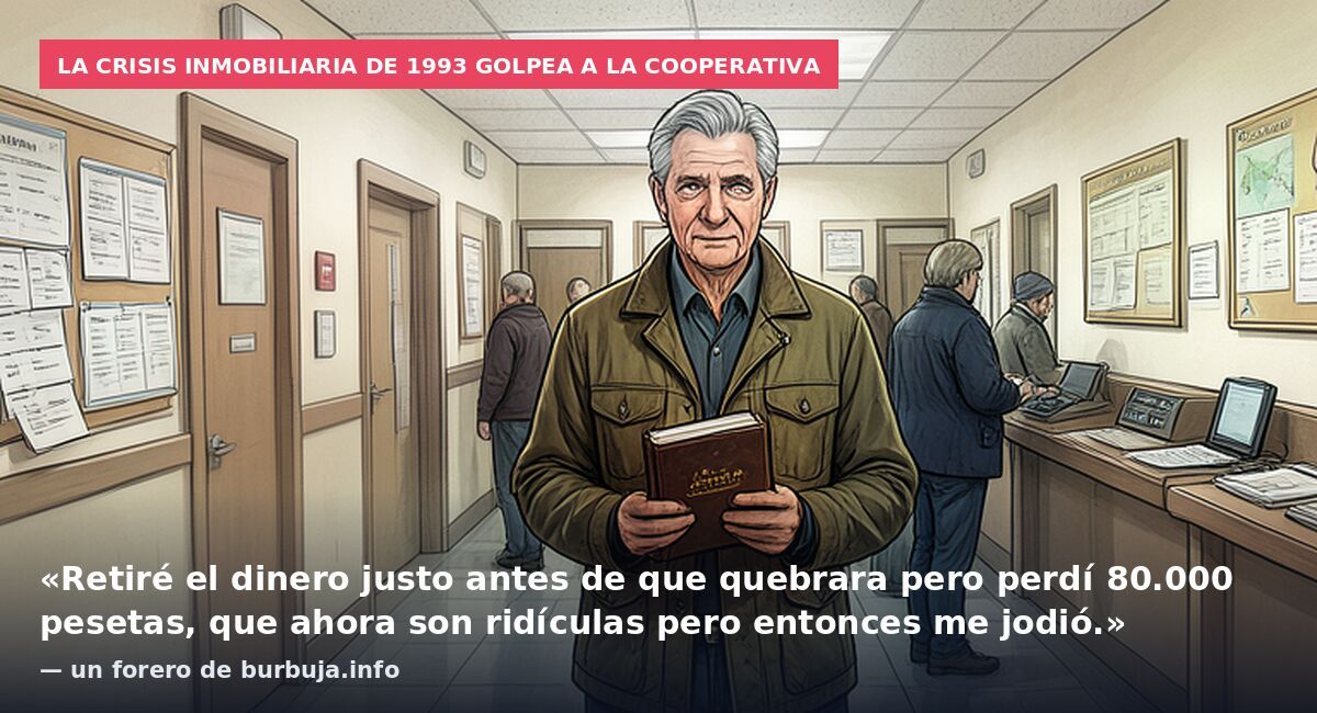 La crisis inmobiliaria de 1993 golpea a la cooperativa: «Retiré el dinero justo antes de que quebrara pero perdí 80.000 pesetas, que ahora son ridículas pero entonces me jodió.» — un forero de burbuja.info