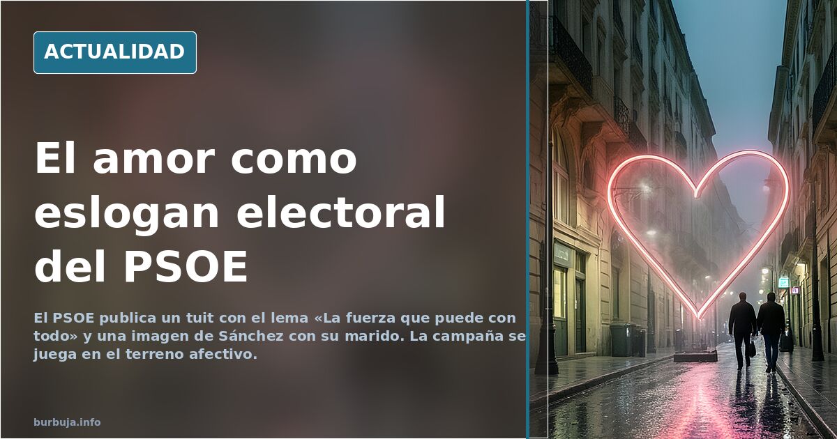 Imagen de campaña del PSOE con el lema La fuerza que puede con todo y un corazón junto al presidente del Gobierno