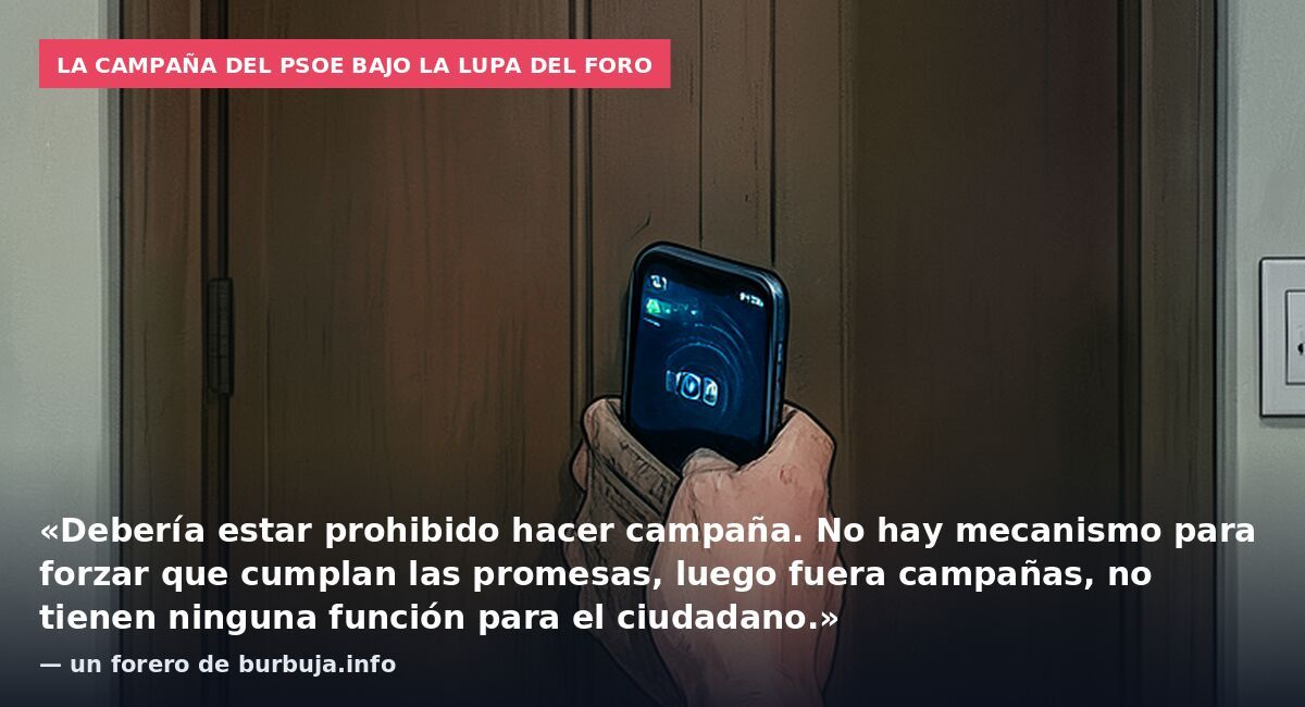 La campaña del PSOE bajo la lupa del foro: «Debería estar prohibido hacer campaña. No hay mecanismo para forzar que cumplan las promesas, luego fuera campañas, no tienen ninguna función para el ciudadano.» — un forero de burbuja.info