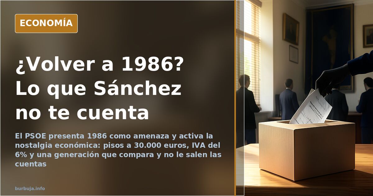 Ilustración editorial de una máquina del tiempo con monedas antiguas y un cartel de campaña electoral sobre fondo azul marino