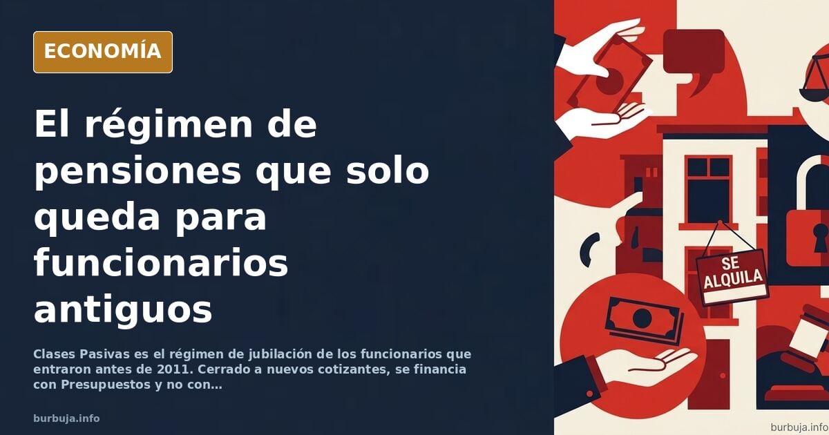 Ilustración editorial de un edificio administrativo clásico con documentos de pensiones y sellos oficiales sobre fondo azul m