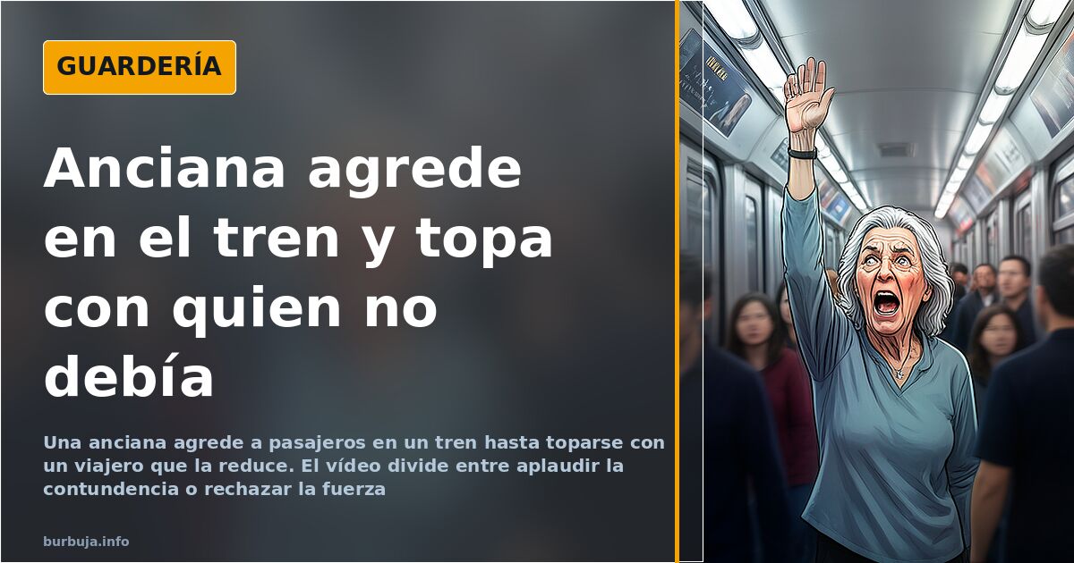 Vagón de tren con pasajeros de pie observando a una anciana con carrito de la compra en actitud tensa