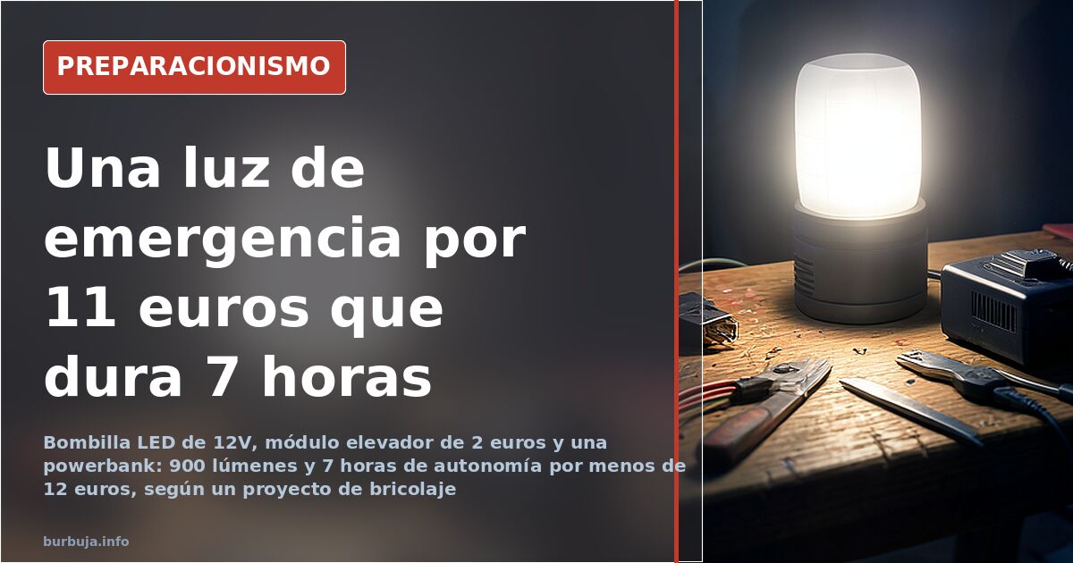 Bombilla LED de 12 voltios montada en una caja de empalmes con conector USB-C para luz de emergencia casera