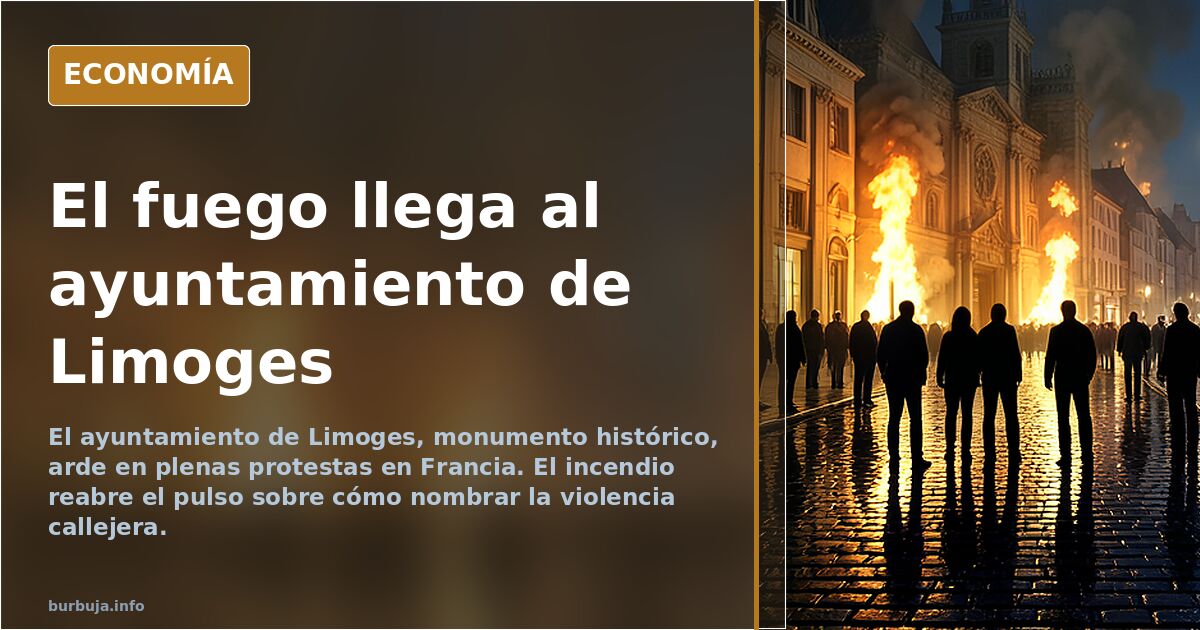 Ilustración editorial del ayuntamiento de Limoges con llamas y humo, símbolo del incendio de un monumento histórico francés