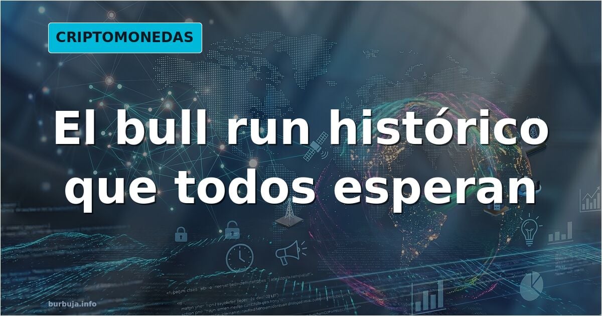 Nodos de red blockchain y circuitos brillando en cian y violeta sobre fondo oscuro, representando el bull run histórico de la