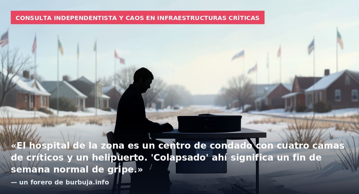 Consulta independentista y caos en infraestructuras críticas: «El hospital de la zona es un centro de condado con cuatro camas de críticos y un helipuerto. 'Colapsado' ahí significa un fin de semana normal de gripe.» — un forero de burbuja.info