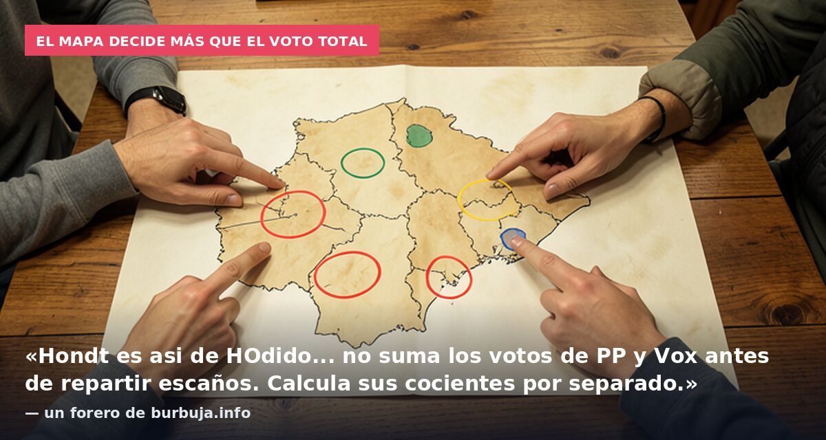 El mapa decide más que el voto total: «Hondt es asi de HOdido... no suma los votos de PP y Vox antes de repartir escaños. Calcula sus cocientes por separado.» — un forero de burbuja.info