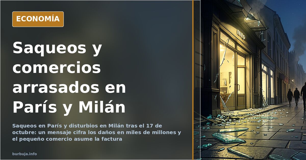 Escaparate de una joyería de lujo destrozado en una calle de París con cristales rotos y contenedores volcados