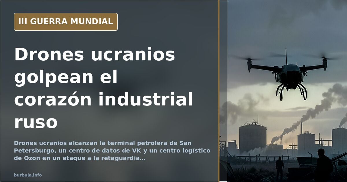 Ilustración documental desaturada de drones sobre una terminal petrolera y edificios industriales de San Petersburgo con humo
