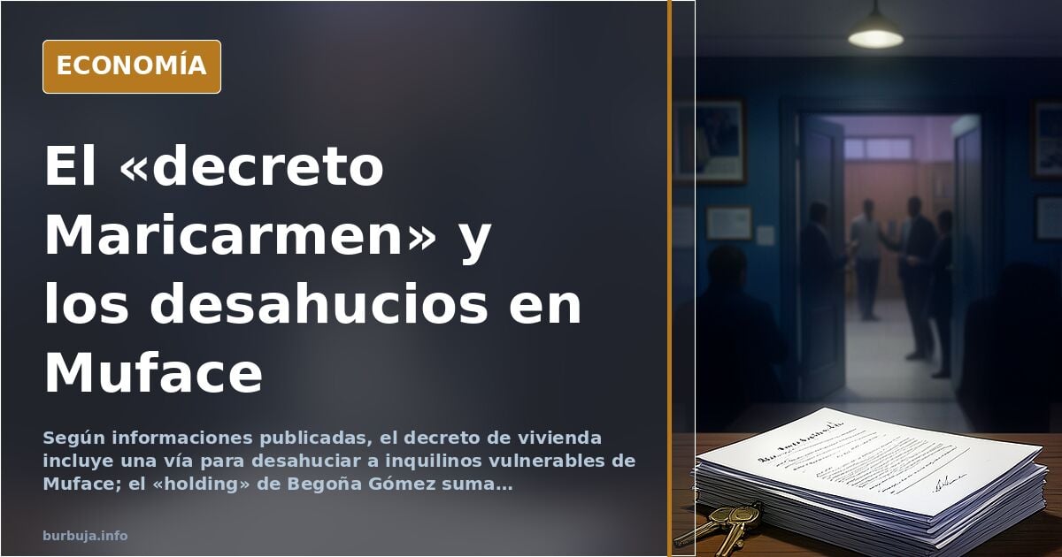 Ilustración editorial de un edificio de viviendas públicas con una placa de Muface y una mano que sostiene un decreto de desa