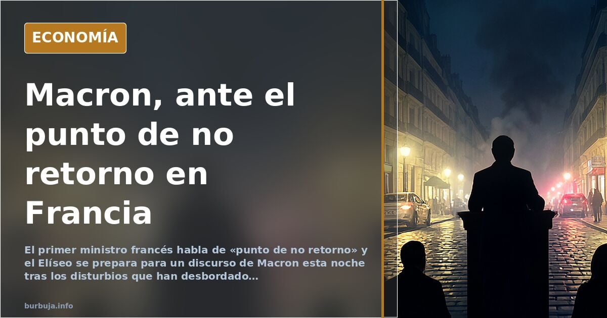 Ilustración editorial de un palacio presidencial francés bajo un cielo nocturno tenso, con siluetas de disturbios al fondo
