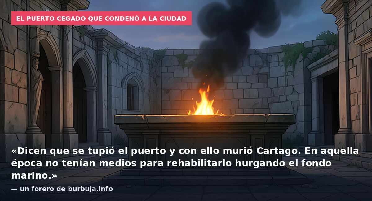 El puerto cegado que condenó a la ciudad: «Dicen que se tupió el puerto y con ello murió Cartago. En aquella época no tenían medios para rehabilitarlo hurgando el fondo marino.» — un forero de burbuja.info