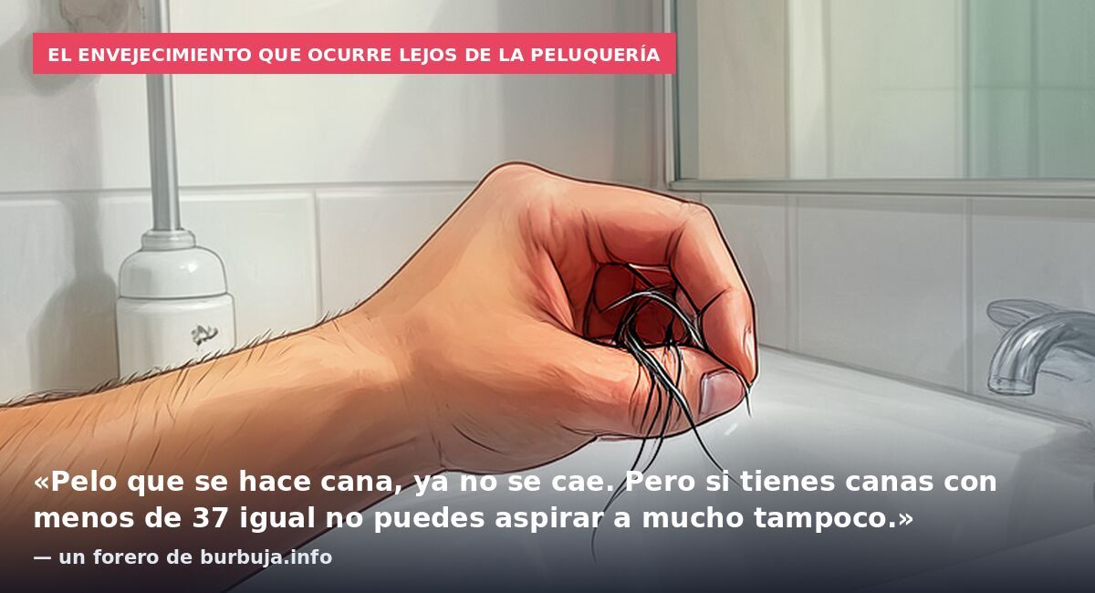 El envejecimiento que ocurre lejos de la peluquería: «Pelo que se hace cana, ya no se cae. Pero si tienes canas con menos de 37 igual no puedes aspirar a mucho tampoco.» — un forero de burbuja.info