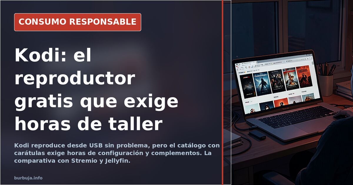Interfaz de Kodi en un televisor mostrando una biblioteca de películas con carátulas y sinopsis