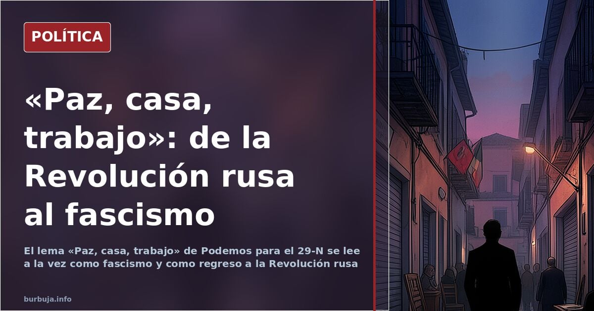 Atril de mitin con el lema de Podemos «Paz, casa, trabajo» y una urna al fondo