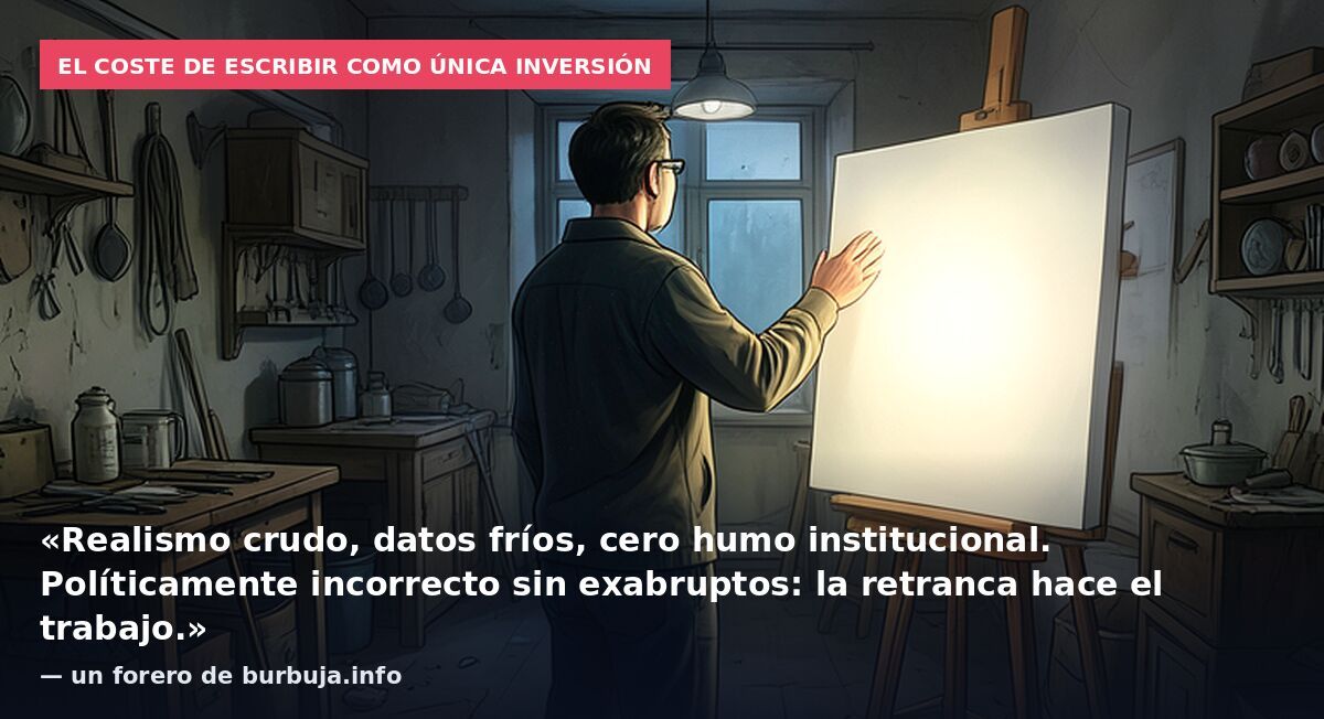 El coste de escribir como única inversión: «Realismo crudo, datos fríos, cero humo institucional. Políticamente incorrecto sin exabruptos: la retranca hace el trabajo.» — un forero de burbuja.info