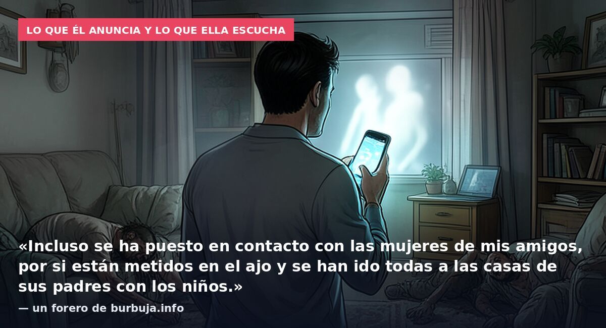 Lo que él anuncia y lo que ella escucha: «Incluso se ha puesto en contacto con las mujeres de mis amigos, por si están metidos en el ajo y se han ido todas a las casas de sus padres con los niños.» — un forero de burbuja.info