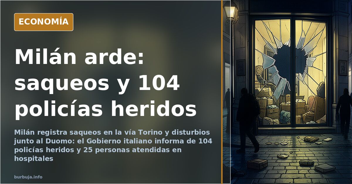 Escaparate destrozado y humo en una calle céntrica de Milán durante los disturbios y saqueos junto al Duomo