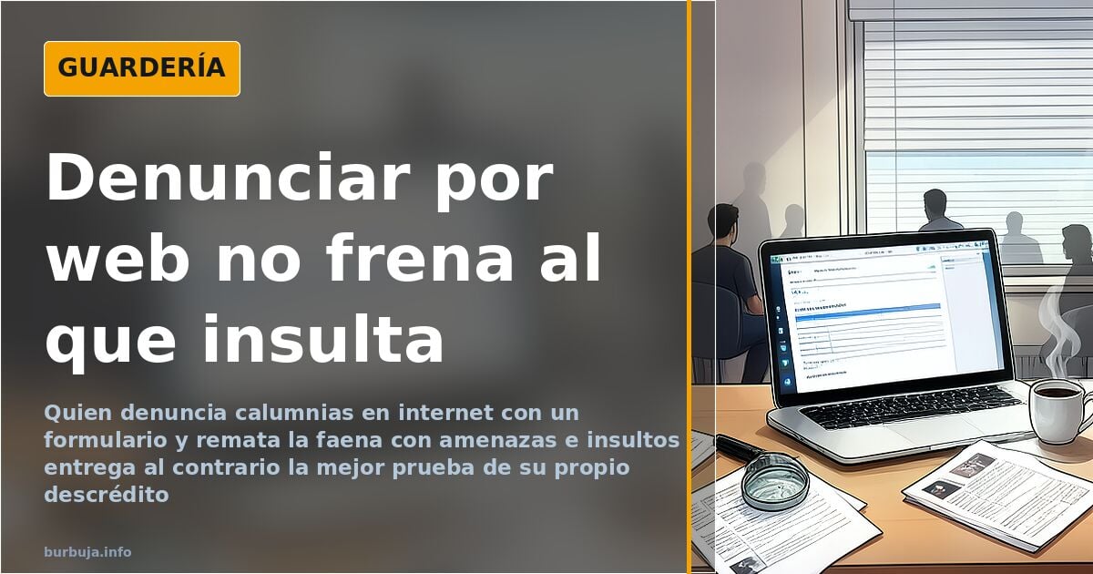 Formulario de denuncia por calumnias en internet abierto en un portátil junto a capturas de mensajes anónimos