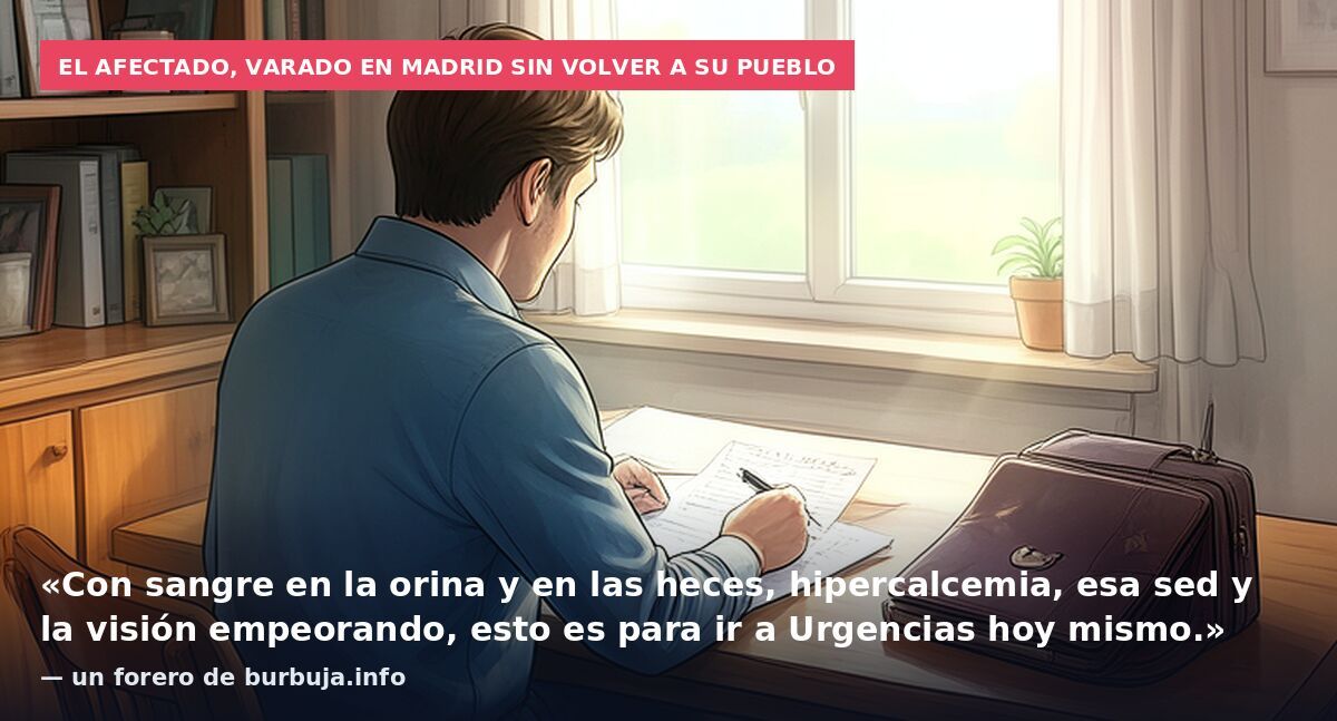 El afectado, varado en Madrid sin volver a su pueblo: «Con sangre en la orina y en las heces, hipercalcemia, esa sed y la visión empeorando, esto es para ir a Urgencias hoy mismo.» — un forero de burbuja.info
