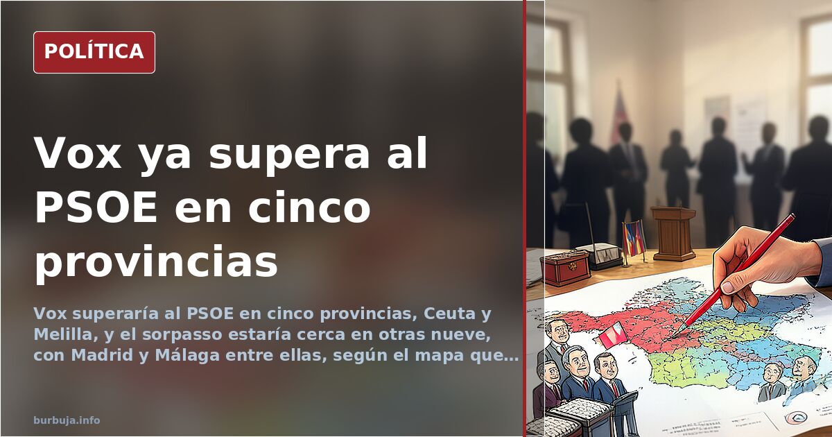 Ilustración editorial de un mapa de provincias españolas con urnas y escaños en tonos rojos y azules