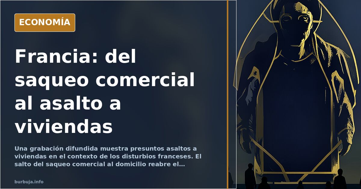 Ilustración editorial de una calle francesa con coches patrulla y una vivienda con la puerta forzada, en tonos azul marino y 