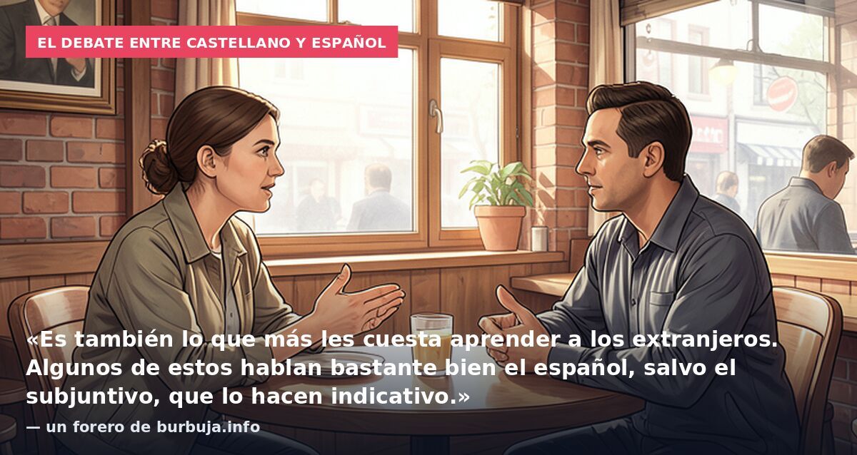 El debate entre castellano y español: «Es también lo que más les cuesta aprender a los extranjeros. Algunos de estos hablan bastante bien el español, salvo el subjuntivo, que lo hacen indicativo.» — un forero de burbuja.info