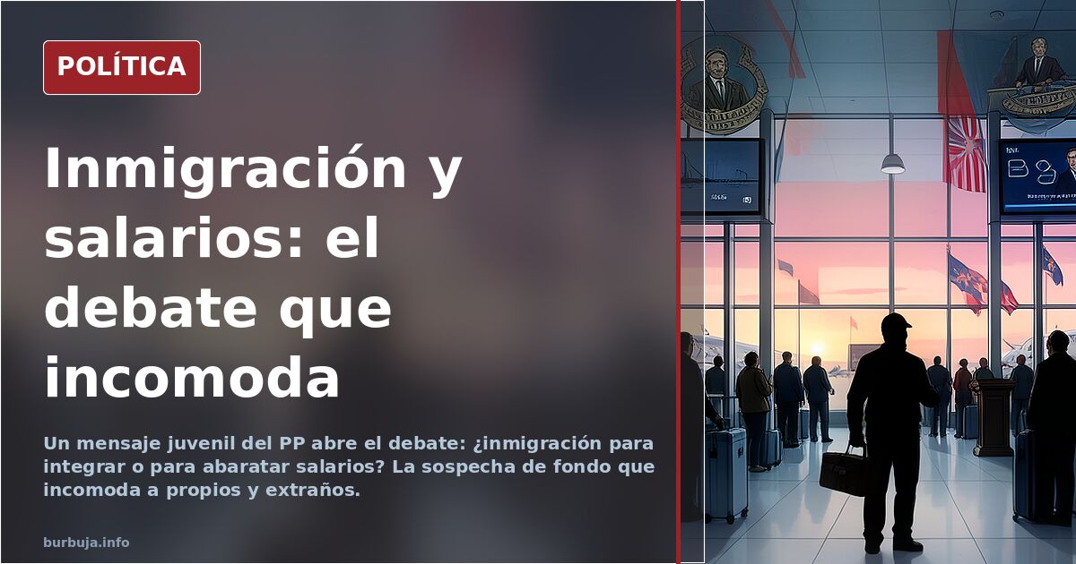 Ilustración editorial de un hemiciclo con escaños rojos y azules y una pancarta sobre inmigración y salarios