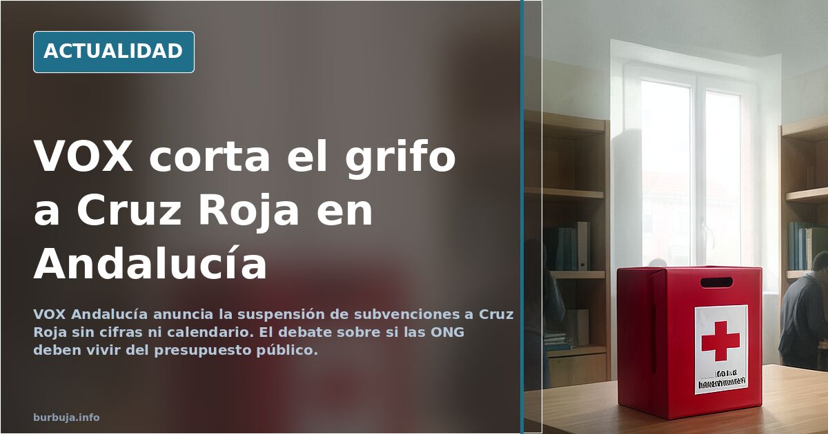 Sede institucional andaluza con banderas y una fachada de oficina de Cruz Roja al fondo, en tonos neutros