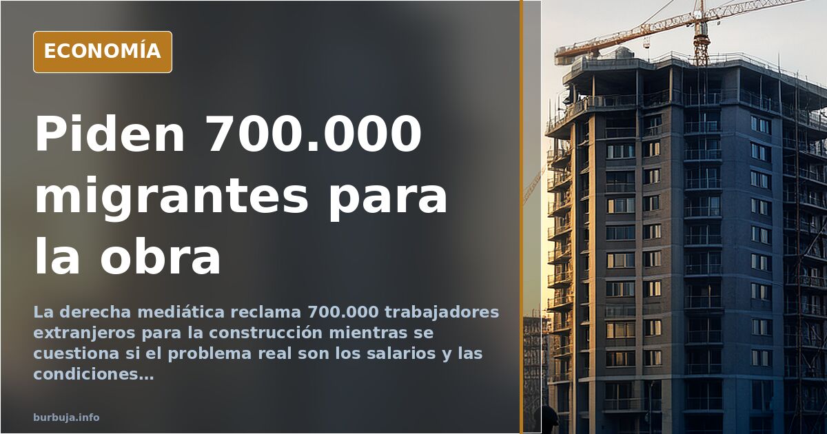 Ilustración editorial de una grúa sobre un edificio en construcción con siluetas de trabajadores y una cifra de 700.000 en el