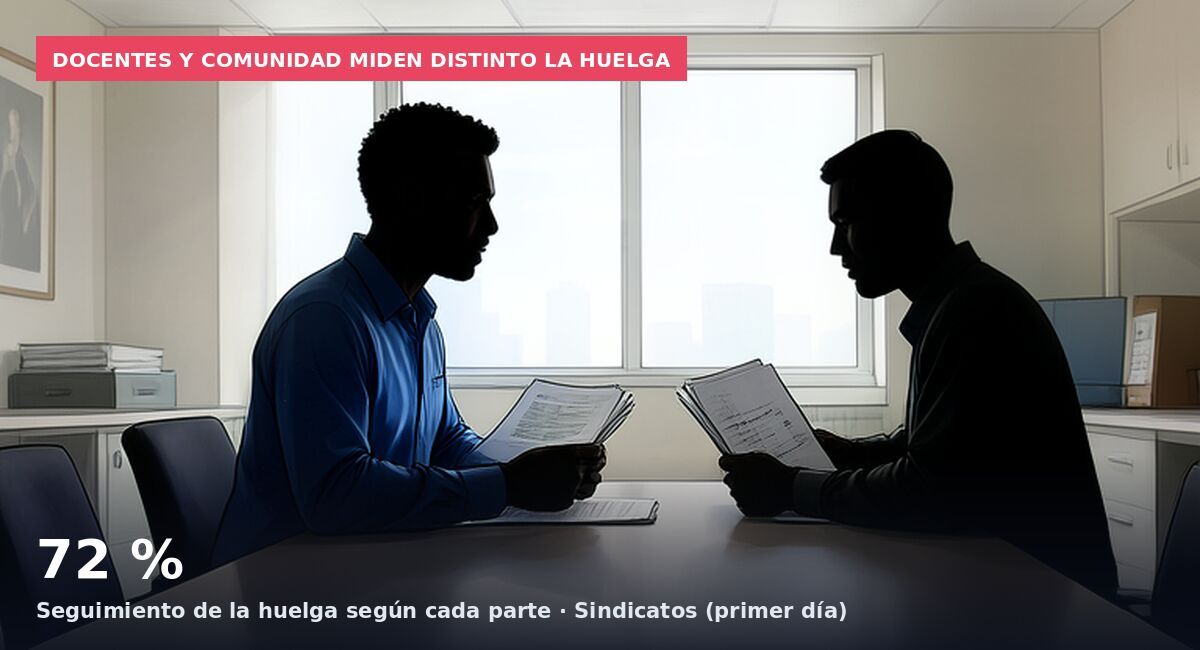 Docentes y Comunidad miden distinto la huelga: 72 % Seguimiento de la huelga según cada parte · Sindicatos (primer día)