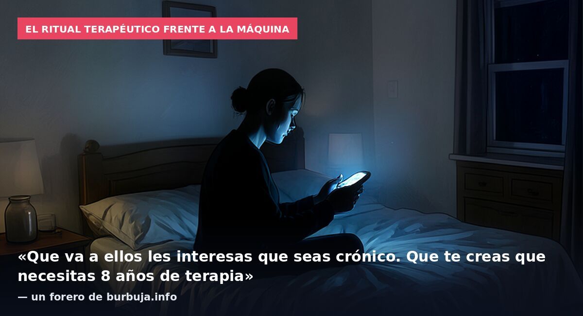 El ritual terapéutico frente a la máquina: «Que va a ellos les interesas que seas crónico. Que te creas que necesitas 8 años de terapia» — un forero de burbuja.info