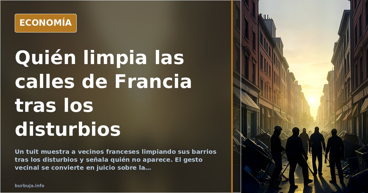 Vecinos barriendo una calle francesa cubierta de escombros y basura tras los disturbios